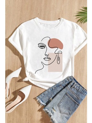 Woodroffe Kadın Make Up Siluet Baskılı Tasarım Tshirt Oversize Salaş