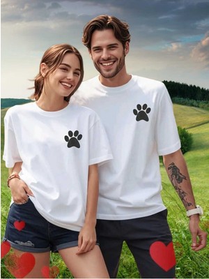 Woodroffe 2li Çift Kombini Sevimli Pati Baskılı T-Shirt Unisex Salaş Oversize Boyfirend