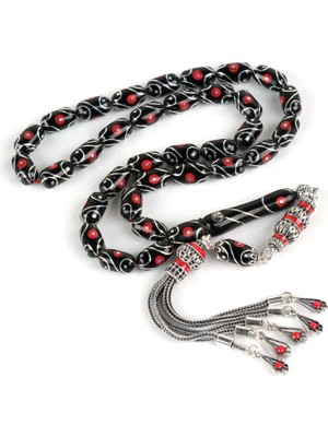 Lapisdo Erzurum Oltu 925 Ayar Gümüş Püskül Mercan ve Gözyaşı Işlemeli Kapsül Kesim 6.5X11.5 Mm Tesbih - Yusuf Akansel Usta El Işi