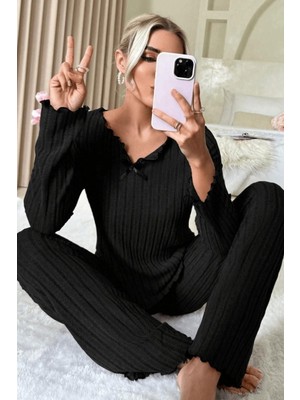 Bella Notte Mevsimlik Siyah Pamuklu Fiyonk Detaylı Pijama Takımı