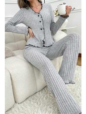 Bella Notte Gri V Yaka Pamuklu Düğmeli Pijama Takımı