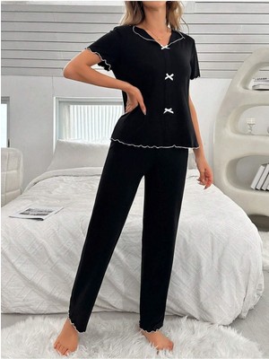 Bella Notte Pamuklu Siyah Fiyonk Detaylı Mevsimlik Pijama Takımı