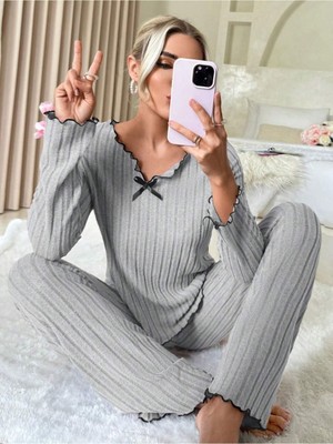 Bella Notte Gri Pamuklu Fiyonk Detaylı Pijama Takımı