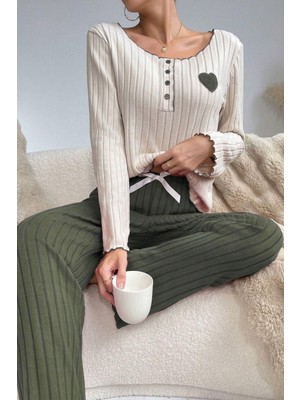 Bella Notte Nakışlı Yeşil Pamuklu Kalp Detaylı Pijama Takımı