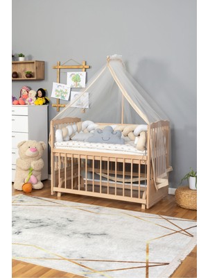 Ahşap Beşik Anne Yanı Beşik Organik 60X120 - Krem Beyaz Örgü Uyku Seti Seti + Yatak