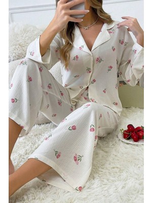 Bella Notte Kadın Ekru Çiçek Baskılı Kışlık Uzun Pijama Takımı