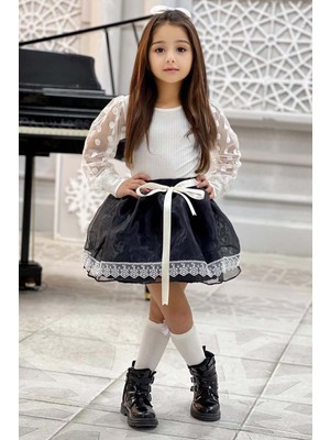 Riccotarz Kız Çocuk Kolları Puantiye ve Şeffaf Tül Detaylı Beyaz Kazak Üzeri Güpür Tüllü Saten Etekli Takım