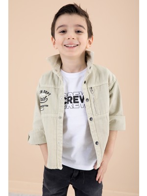 Cansın Mini Erkek Çocuk Bej Yazı Baskılı Tişörtlü Ceket 20090 Regular Fit Fermuar Cepli Şık Tasarım