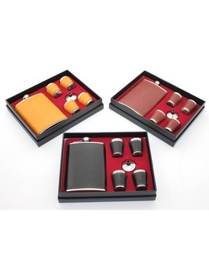 Paslanmaz Çelik 4 Shot Bardaklı Derili Matara Seti Model 1