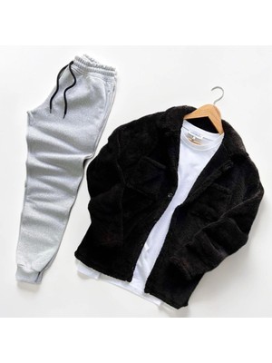 Unisex Pelüş Ceket ve Siyah Eşofman Kombini Alt Üst