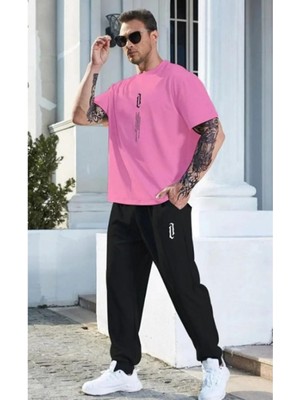 MEİLİFENG Erkek Pembe Dikey Baskılı T-Shirt Eşofman Takımı