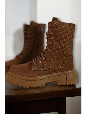 Baklava Desenli Içi Kürklü Bagcıklı Kadın Süet Deri Uzun Bot