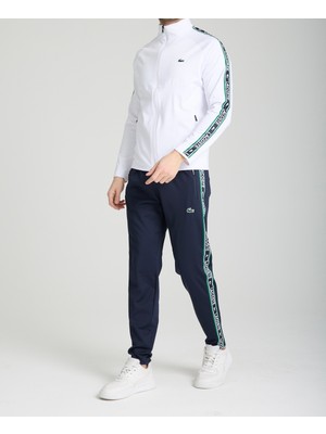 Lacoste Şeritli Beyaz Lacivert Dar Kalıp Eşofman Takımı