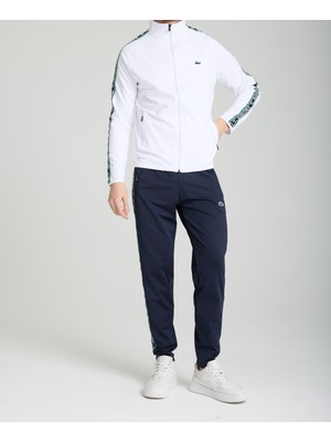Lacoste Şeritli Beyaz Lacivert Dar Kalıp Eşofman Takımı