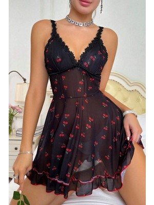 Bella Notte Romantik Kiraz Baskılı Tanga ve Gecelik