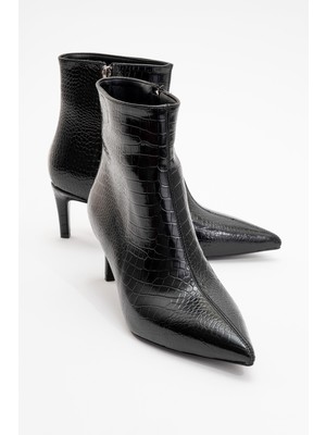 Luvi Noya Siyah Baskı Sivri Burun Kadın Ince Topuklu Bot