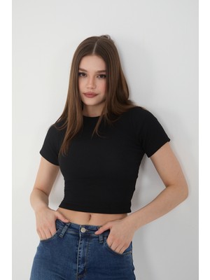 Wearflawless Kadın Bisiklet Yaka Fitilli Kısa Kol Body Crop Bluz