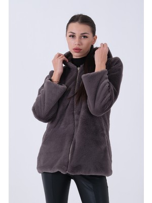 Feminist Gri Fermuarlı Oversize Kapüşonlu Çift Cepli Peluş Mont 0108078.06