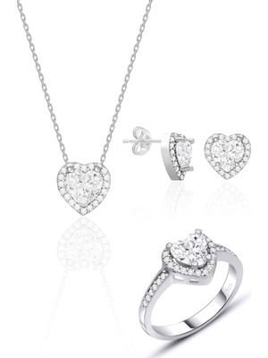 Silvera Telkari Gümüş Rodyumlu Zirkon Taşlı Pırlanta Modeli Kalp Gümüş Üçlü Set ST071