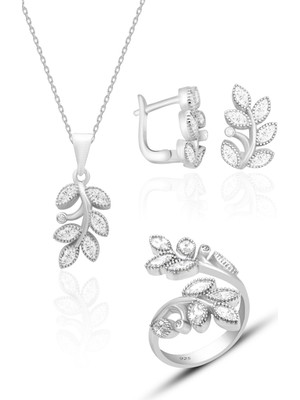 Silvera Telkari Gümüş Rodyumlu Zirkon Taşlı Yaprak Model Gümüş Üçlü Set ST132