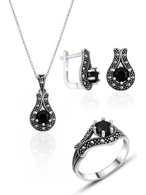 Silvera Telkari Gümüş Oniks Taşlı Markazit Model Gümüş Üçlü Set 925 Ayar ST137