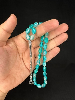 Anemore Collection Sevgiliye Özel Hediye Toz Kehribar Tesbih Simli Turkuaz Renkli Beyzi Kesim 10 MmX6,5 Mm H-1678.