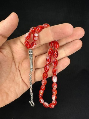 Anemore Collection TOZ KEHRİBAR TESBİH KIRMIZI RENKLİ BEYZİ KESİM 10MMX6,5MM T-679