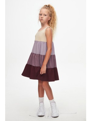 Kemik-Vişne Çürüğü Kat Kat Renkli Kız Çocuk Büzgülü Askılı Elbise