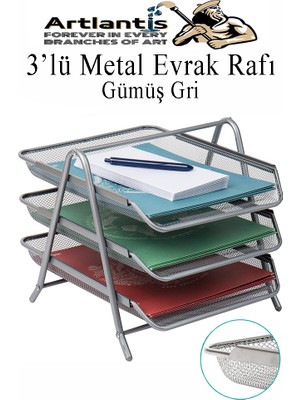 Artlantis Metal Evrak Rafı 3 Lü 1 Paket Masa Üstü A4 Dosya Düzenleyici Kağıt Tepsisi Metal Fileli Üç Katlı Hareketli Perfore