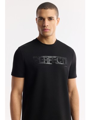 AVVA Erkek Siyah Bisiklet Yaka Baskılı Bi-Stretch İnterlok Regular Fit T-Shirt A51Y1044