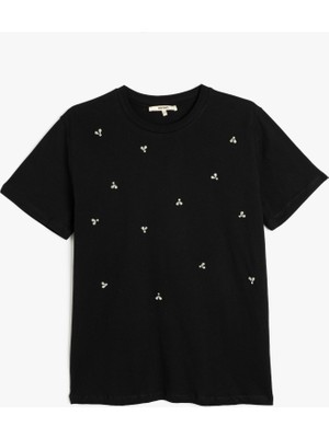 Koton Pamuklu Kısa Kollu Bisiklet Yaka Taşlı Tişört