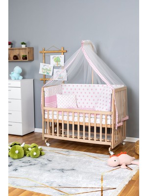 Bamgidoo Ahşap Beşik Anne Yanı Beşik Organik 70X130 - Pembe Yıldız 1 Yastıklı Uyku Seti + Yataklı+Tekerlekli