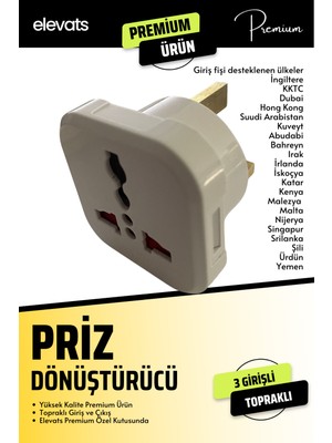 Elevats Premium Ingiliz Erkek Fişli Seyahat Adaptörü Arabistan Umre Hac Fişi Çevirici Priz Dönüştürücü