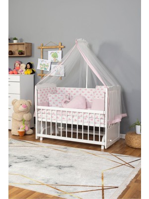 Ahşap Beşik Anne Yanı Beşik Beyaz) 60X120 - Pembe Balina Uyku Seti Yatak
