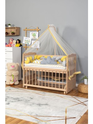 Bamgidoo Ahşap Beşik Anne Yanı Beşik Organik 60X120 - Sarı Gri Örgü Uyku Seti Seti + Yatak