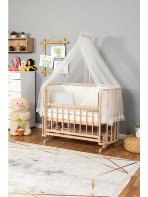 Ahşap Beşik Anne Yanı Beşik Organik (Boyasız) 60X120 - Krem Güpür Uyku Seti Yatak