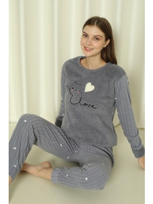 Fawn 04-3309 Peluş Welsoft Polar Kışlık Yumoş Kalpli Kedili Kadın Pijama Takımı