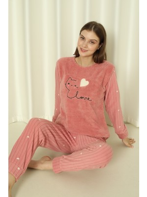Fawn 04-3309 Peluş Welsoft Polar Kışlık Yumoş Kalpli Kedili Kadın Pijama Takımı