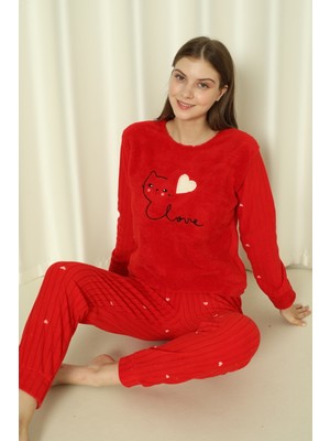Fawn 04-3309 Peluş Welsoft Polar Kışlık Yumoş Kalpli Kedili Kadın Pijama Takımı
