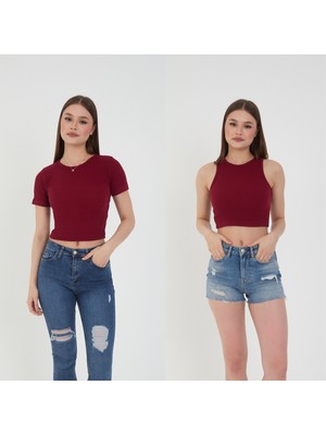 Wearflawless 2'li Adet Fitilli Kısa Kol ve Askılı Body Crop Bluz Seti