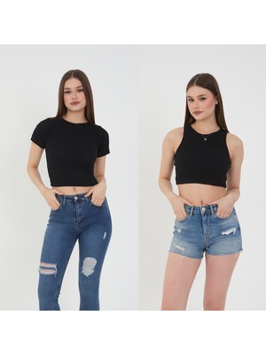 Wearflawless 2'li Adet Fitilli Kısa Kol ve Askılı Body Crop Bluz Seti
