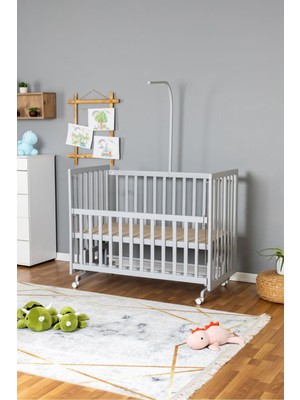 Ahşap Beşik Anne Yanı Beşik Gri 70X130 - Uyku Setsiz Yataksız + Tekerlekli