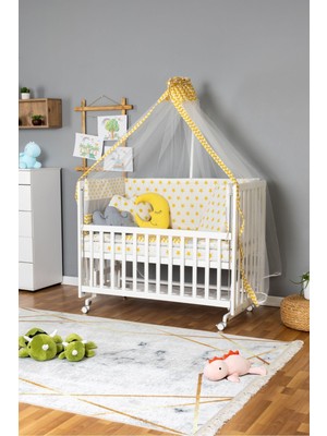 Bamgidoo Ahşap Beşik Anne Yanı Beşik Beyaz 70X130 - Sarı Yıldız 3 Yastıklı Uyku Seti + Yataklı + Tekerlekli