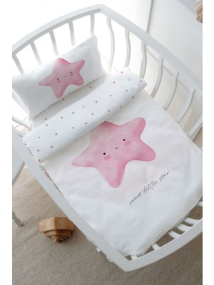 Tuğba Kuğu Anne Yanı Beşik Nevresim Takımı (60X100) - Pure Baby Serisi - Pofuduk Pembe Yıldız
