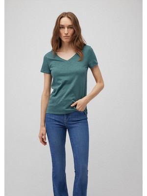 Mavi V Yaka Flamlı Bordo Basic Tişört 168260-71868