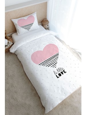 Tuğba Kuğu Tek Kişilik Nevresim Takımı Pembe Çizgili Kalp %100 Pamuklu 160x220 cm Pure Baby Serisi