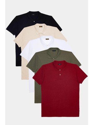 Tudors Erkek 5'li Paket Siyah-Beyaz-Taş-Haki-Bordo Slim Fit Dar Kesim Pamuklu Düz Pike Polo Yaka Tişört