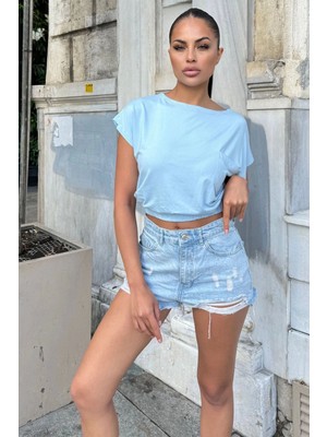 Kadın Bebe Mavi Yarım Kol, Geniş Yaka, Tek Cepli, Beli Lastikli Rahat Crop Bluz