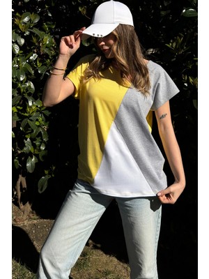 Kadın Sarı, Beyaz & Gri Kısa Kol, Color Block Tasarım, Salaş Bluz