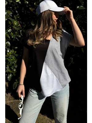 Kadın Siyah, Beyaz & Gri Kısa Kol, Color Block Tasarım, Salaş Bluz